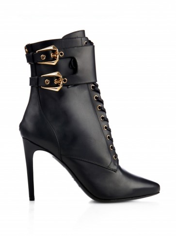 BALMAIN Nina double-buckle leather ankle boots with lace up front. Designer stiletto boots | luxury footwear | pointed toe