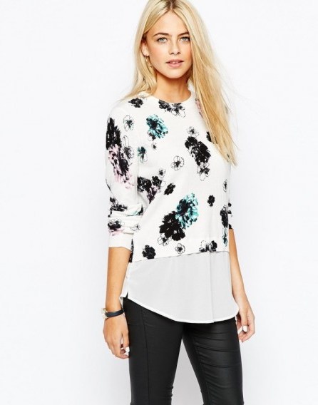 Oasis Floral Print Shirt Jumper. Contrast hem tops | womens fashion | jumpers with sheer hem - flipped