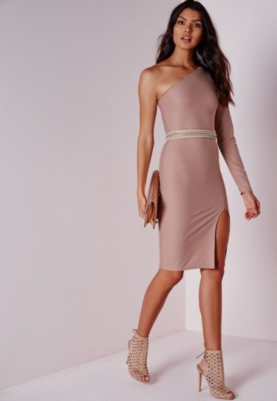 Taupe one shoulder long sleeve midi dress from Missguided ~ affordable luxe ~ luxury look ~ going out dresses ~ evening fashion - flipped