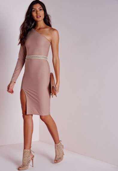 Taupe one shoulder long sleeve midi dress from Missguided ~ affordable luxe ~ luxury look ~ going out dresses ~ evening fashion