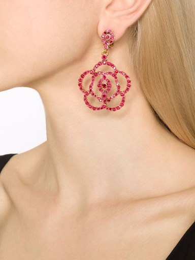 OSCAR DE LA RENTA pavé flower clip-on earrings in red. Designer fashion jewellery | large floral drop earrings | statement jewelry  # - flipped