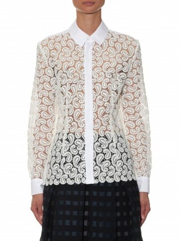 MARY KATRANTZOU Owena paisley macramé-lace blouse in white. designer blouses ~ womens luxury shirts ~ semi sheer clothing ~ luxe style tops ~ textured fabrics - flipped