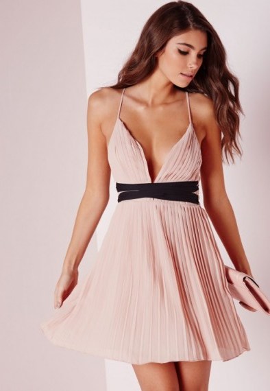 Missguided pleated V neck skater dress in nude. Pale pink fit and flare | strappy party dresses | plunging necklines | going out | evening fashion - flipped