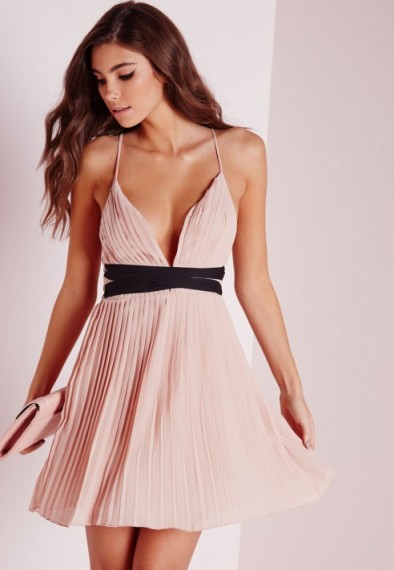 Missguided pleated V neck skater dress in nude. Pale pink fit and flare | strappy party dresses | plunging necklines | going out | evening fashion