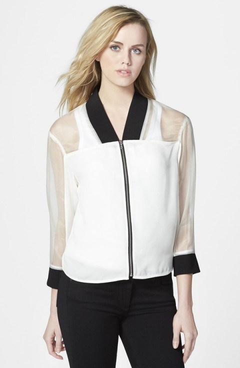 I love this White Rebecca Minkoff part sheer bomber jacket, it can be dressed up or down…it’s quite chic really. Designer outerwear | weekend fashion | casual jackets - flipped