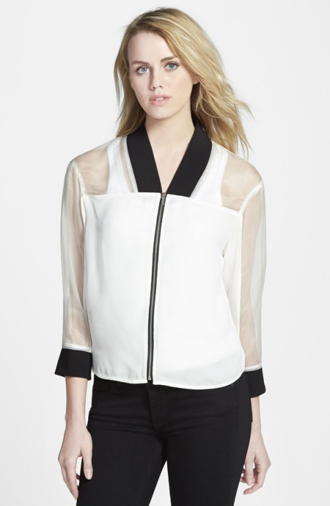 I love this White Rebecca Minkoff part sheer bomber jacket, it can be dressed up or down…it’s quite chic really. Designer outerwear | weekend fashion | casual jackets