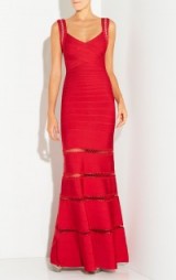 Herve Leger RILLA CROCHET CAGE STITCH GOWN in Lipstick Red – as worn by model Petra Nemcova at The Gala Dinner by Chopard in Prague, Czech Republic, 25 September 2015. Celebrity fashion | designer gowns | long occasion dresses | star style | what celebrities wear