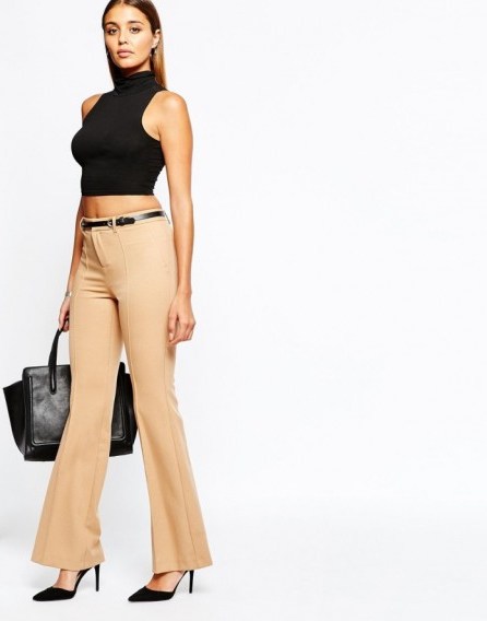 River Island belted tailored flare in camel. Flared pants | womens trousers | smart fashion | workwear | office clothing - flipped