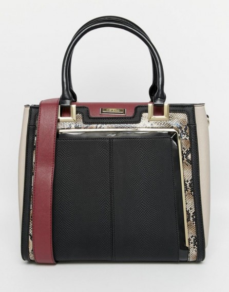 Luxe style handbag ~ River Island Snake Trim Tote Bag in black/oxblood. Chic looking bags ~ faux leather handbags