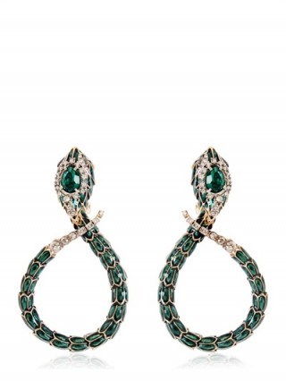 Sutnning Roberto Cavalli snake earings made with green and clear Swarovski crystals. Designer fashion jewellery | make a statement | occasion jewelry - flipped
