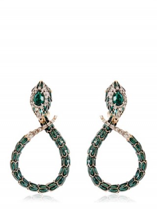 Sutnning Roberto Cavalli snake earings made with green and clear Swarovski crystals. Designer fashion jewellery | make a statement | occasion jewelry