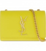 Love this yellow Saint Laurent flap bag with gold chain shoulder strap and gold YSL monogram. Designer bags / luxe style handbags / luxury accessories