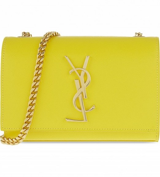 Love this yellow Saint Laurent flap bag with gold chain shoulder strap and gold YSL monogram. Designer bags / luxe style handbags / luxury accessories - flipped