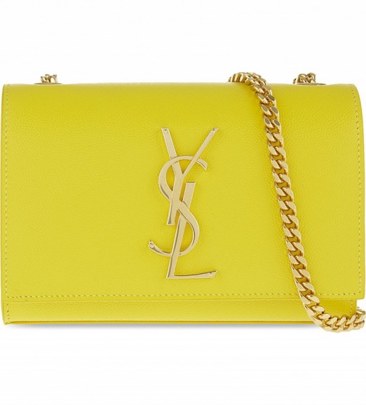 Love this yellow Saint Laurent flap bag with gold chain shoulder strap and gold YSL monogram. Designer bags / luxe style handbags / luxury accessories