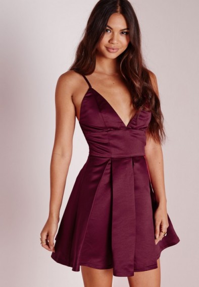 Missguided burgundy satin plunge structured skater dress. Party fashion – strappy fit & flare – going out – evening dresses