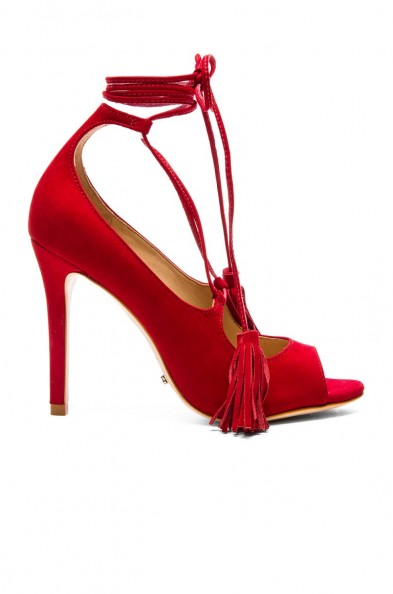 Red party heels ~ SCHUTZ Yassu Heel. Lace up front high heels ~ evening shoes ~ ankle ties ~ strappy footwear ~ going out glamour