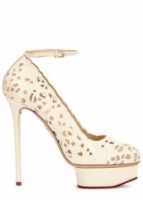 CHARLOTTE OLYMPIA Scribble Dolores off white leather pumps – as worn by Paris Hilton at Michael Costello S/S 2016 fashion show. Celebrity fashion | what celebrities wear | high heels | platform shoes | designer platforms | star style | ankle strap shoe