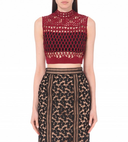 SELF-PORTRAIT Embroidered lace top in burgundy – as worn by Lily Allen at the Alexander Wang fashion afterparty LFW S/S 2016. Celebrity fashion | star style | designer crop tops | what celebrities wear