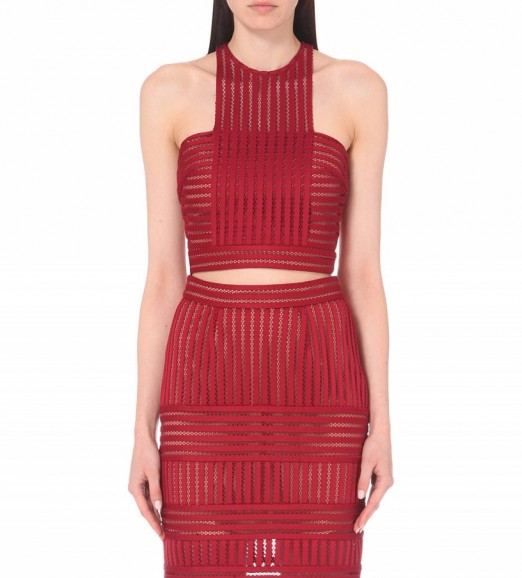 SELF-PORTRAIT Striped-mesh cropped top in Burgundy – as worn by Adriana Lima at the Maybelline New York’s Fashion Week party, 13 September 2015. Celebrity fashion | what celebrities wear | designer crop tops | matching sets | star style
