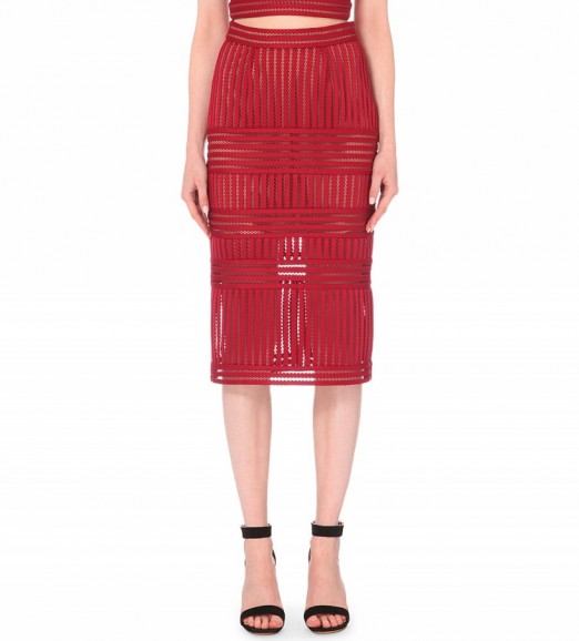 SELF-PORTRAIT Striped-mesh pencil skirt in Burgundy – as worn by Adriana Lima at the Maybelline New York’s Fashion Week party, 13 September 2015. Celebrity fashion | what celebrities wear | designer skirts | matching sets | star style