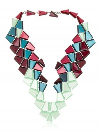 I love this bold necklace from Silvis Rossi, with pieces of geometric coloured pexiglas in various green and pink tones. Statement jewellery | designer fashion necklaces - flipped