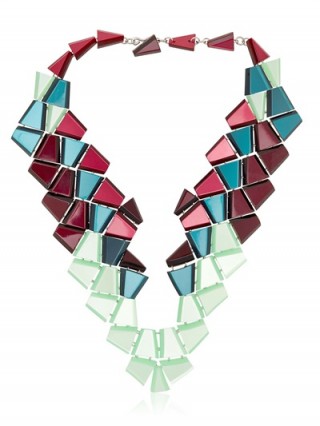 I love this bold necklace from Silvis Rossi, with pieces of geometric coloured pexiglas in various green and pink tones. Statement jewellery | designer fashion necklaces