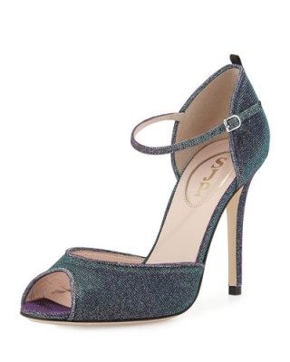 SJP by Sarah Jessica Parker Ursula Iridescent Fabric Sandal, Glow/Teal. Celebrity style | high heels | ankle strap shoes | womens footwear