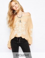 Spritual Hippie off the shoulder embroidered boho top in cream. Womens tops | 70s style blouses