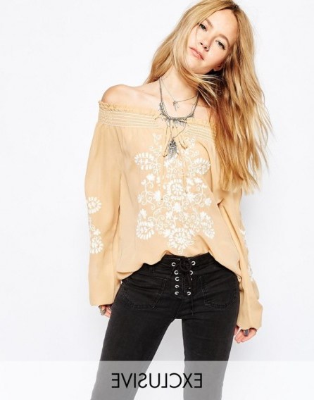 Spritual Hippie off the shoulder embroidered boho top in cream. Womens tops | 70s style blouses - flipped