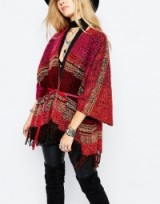 Sunshine Soul ~ red tone poncho blanket cape. Boho style outerwear – autumn / winter fashion – fringed capes