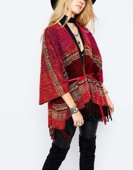Sunshine Soul ~ red tone poncho blanket cape. Boho style outerwear – autumn / winter fashion – fringed capes - flipped
