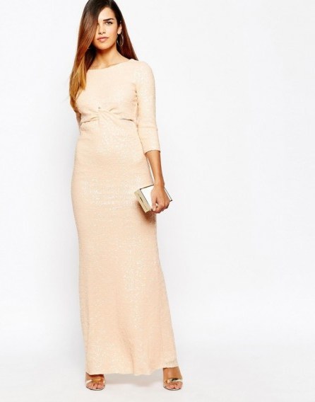 TFNC nude sequin long sleeve maxi dress with front twist. Luxe looks ~ long embellished evening dresses ~ occasion wear ~ sequined ~ luxury style fashion - flipped