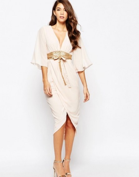 TFNC nude kimono sleeve dress with gold sequin obi belt. Luxe looks ~ evening dresses ~ party fashion ~ going out ~ luxury style - flipped