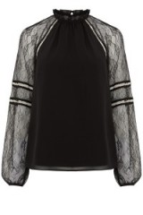 Warehouse rivet detail top in black. womens autumn-winter tops – semi sheer blouses – lace sleeved – romantic style – ruffled high neck