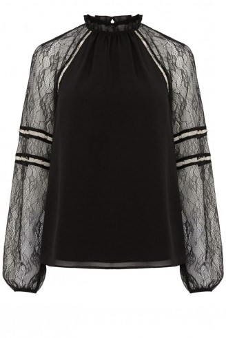 Warehouse rivet detail top in black. womens autumn-winter tops – semi sheer blouses – lace sleeved – romantic style – ruffled high neck - flipped