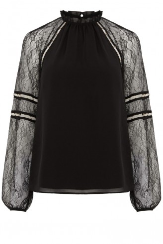 Warehouse rivet detail top in black. womens autumn-winter tops – semi sheer blouses – lace sleeved – romantic style – ruffled high neck