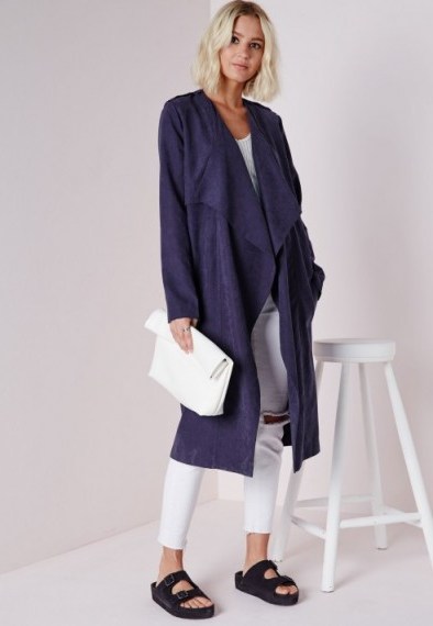 Update your autumn wardrobe with some affordable luxe…Missguided navy collarless waterfall trench coat. womens coats – outerwear - flipped