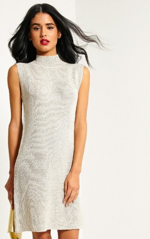 Pretty Little Thing Zedanya beige metallic knitted dress. Going out fashion | sleeveless shift dresses | womens knitwear