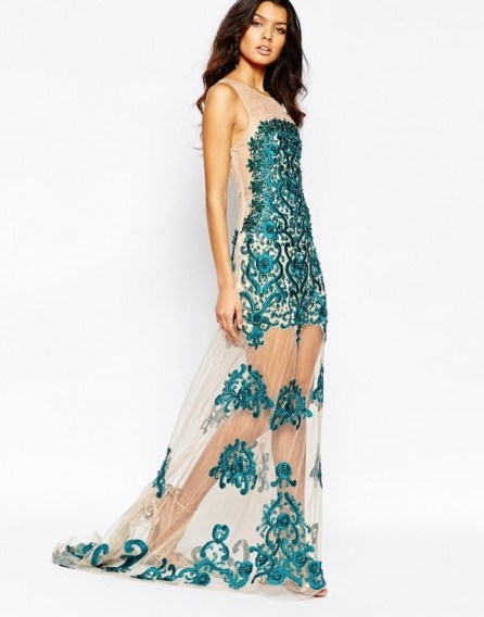 A Star Is Born Luxe Mesh Embellished Maxi Dress With Embroidered Sequin Mesh Skirt in Nude/Teal ~ special occasion dresses ~ evening & party wear ~ event gowns ~ semi sheer fashion - flipped