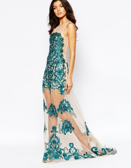 A Star Is Born Luxe Mesh Embellished Maxi Dress With Embroidered Sequin Mesh Skirt in Nude/Teal ~ special occasion dresses ~ evening & party wear ~ event gowns ~ semi sheer fashion