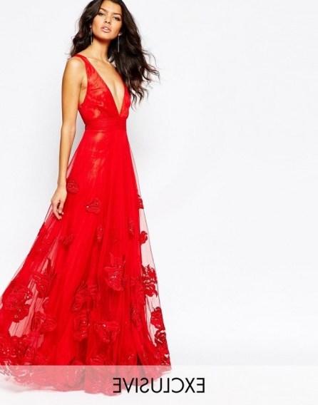 A Star Is Born Luxe Plunge Front Full Tulle Prom Maxi Dress With Embellishment in bright red. Plunging neckline | deep V-necklines | low cut gowns | occasion dresses | evening wear - flipped