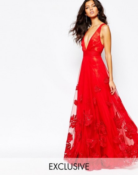 A Star Is Born Luxe Plunge Front Full Tulle Prom Maxi Dress With Embellishment in bright red. Plunging neckline | deep V-necklines | low cut gowns | occasion dresses | evening wear