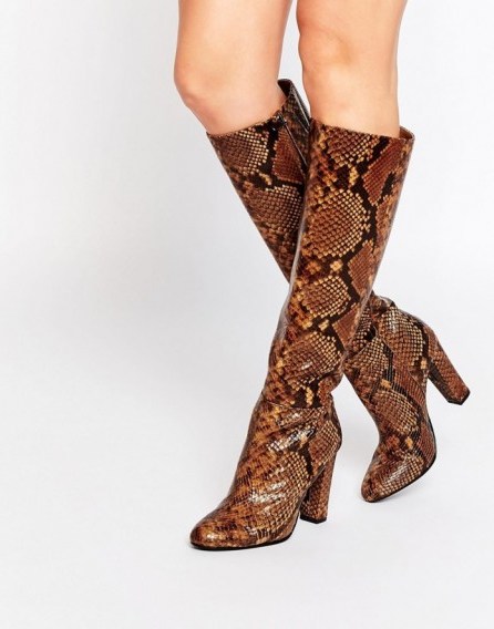 ALDO Etassi Snake Effect Leather Heeled Knee Boots. Animal prints – knee high boots – high heeled footwear – winter fashion - flipped
