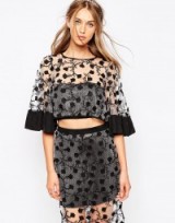 Alice McCall Pretty On The Inside Crop Top in Sheer Black. Womens tops | cropped style | floral embroidered