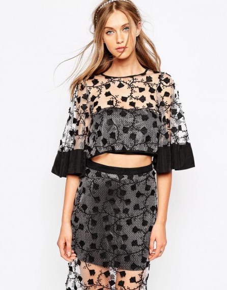 Alice McCall Pretty On The Inside Crop Top in Sheer Black. Womens tops | cropped style | floral embroidered - flipped