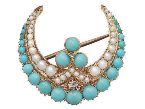 Victorian turquoise, pearl and diamond, 15ct yellow gold crescent brooch. Antique brooches – jewellery