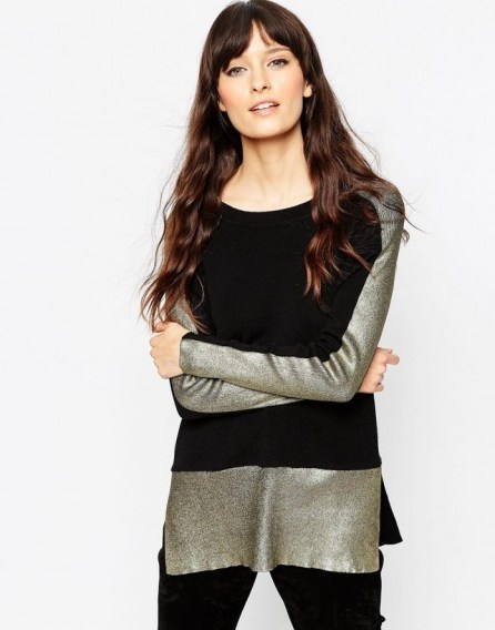 ASOS Jumper With Blocked Metallic In Structured Knit in black/gold. Womens knitwear | longline jumpers - flipped