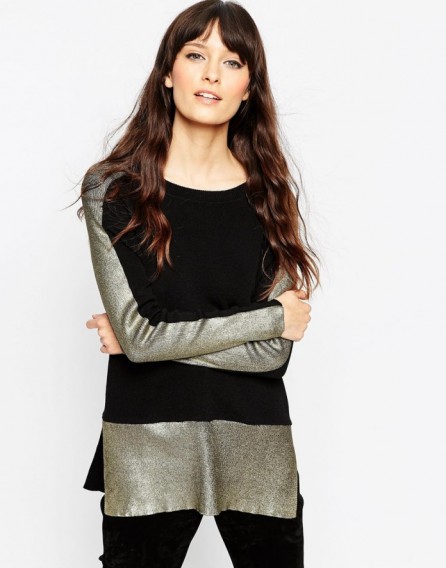 ASOS Jumper With Blocked Metallic In Structured Knit in black/gold. Womens knitwear | longline jumpers