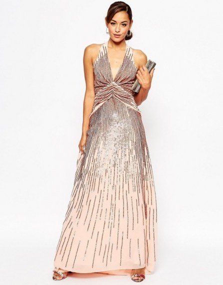 ASOS RED CARPET 30’s Deep Plunge Rose Sequin Maxi Dress. Luxe occasion dresses ~ luxury style gowns ~ sequins ~ sequined embellished - flipped