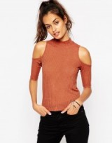 ASOS Top With Long Sleeves In Fancy Rib And Cold Shoulder in rust. Cold shoulder tops | semi sheer stretch jersey | womens casual fashion